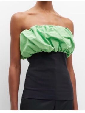Ganni Green and Black Strapless Bubble Hem Top
